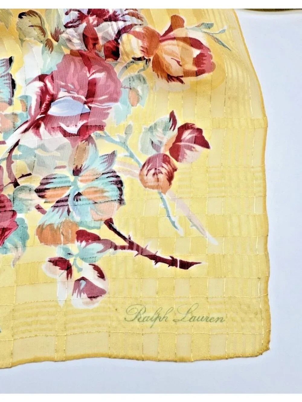 VTG Ralph Lauren Silk Chiffon Scarf Cabbage Roses, Stripes Cottagecore 15